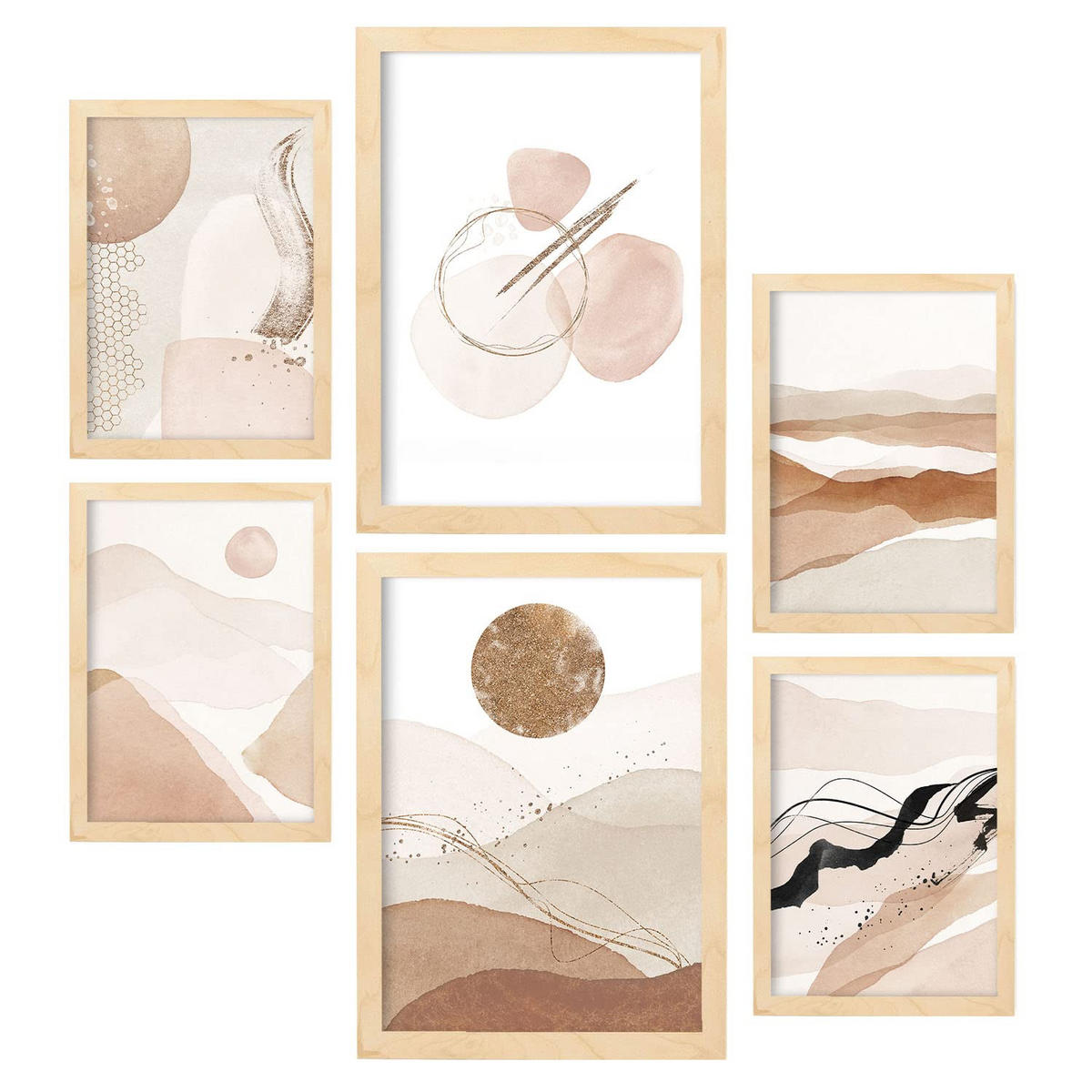 POSTER Set Mit 6 Abstrakte Wüste Sammlung A3 & A4 Rahmen Aus Hellem Holz - Beige, Papier (29/3cm) - Nacnic