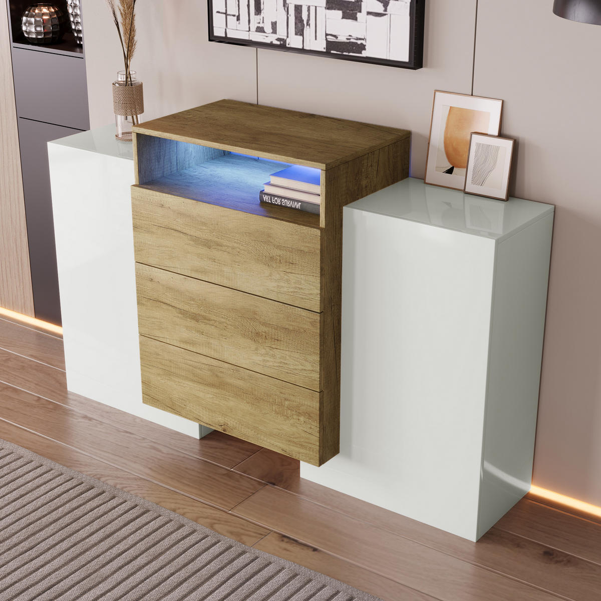 SIDEBOARD 140/30/77,5 cm Weiß/Natur aus MDF mit LED-Beleuchtung - Naturfarben, Holzwerkstoff (140/77/30cm) - OKWISH
