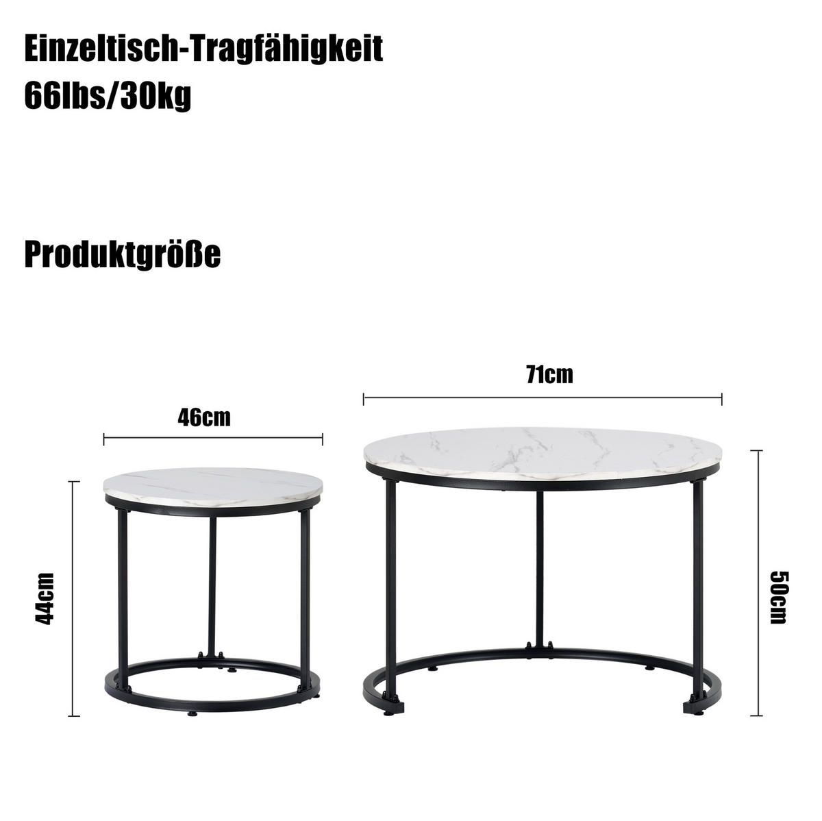 COUCHTISCH-SET aus MDF 71x71x50 cm in Marmoroptik, 2-teilig mit Metallgestell - Weiß, Holzwerkstoff (71/71/50cm) - IVMEU