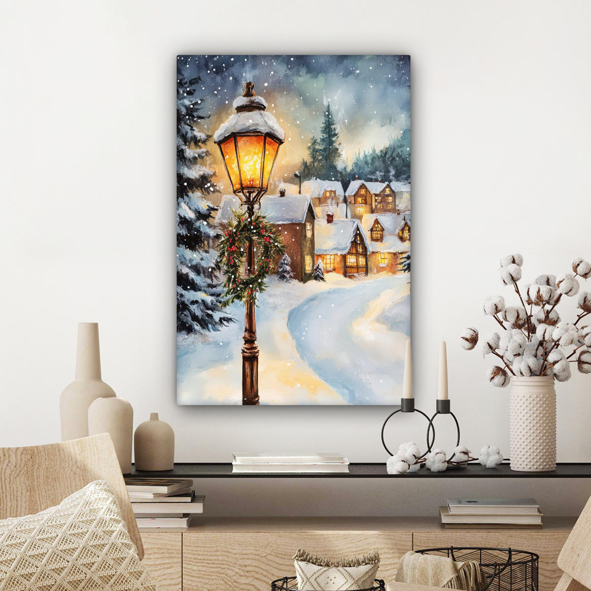 LEINWANDBILD Weihnachtsdorf - Häuser - Schnee - Weihnachten 40x60 cm - Sandfarben, Textil (40/60cm) - MuchoWow