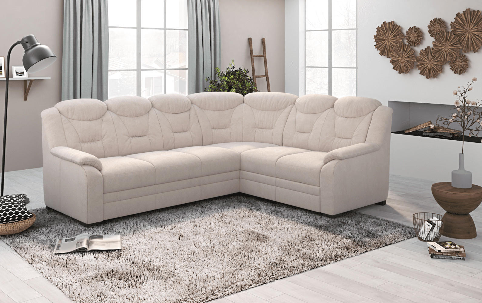 ECKSOFA mit Schlaffunktion und Bettkasten – weiches Chenille-Gewebe - Sandfarben/Beige, Holz/Kunststoff (211/263cm) - Cotta