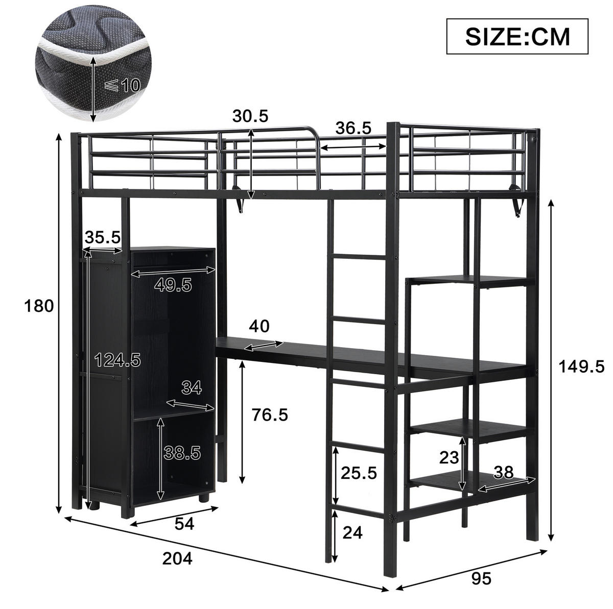 HOCHBETT 90/200 cm aus Metall mit Schreibtisch und Kleiderschrank in Schwarz - Schwarz, Metall (90/200cm) - Flora Grace