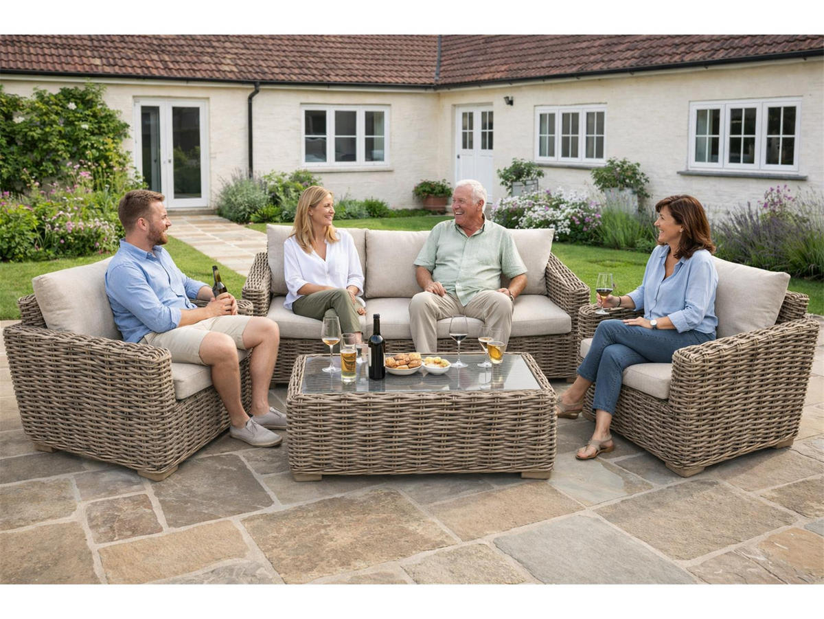 LOUNGE-SET Trinidad Beige 5-Sitzer Polyrattan Sinterstein-Tisch höhenverstellbare Füße - Beige, Naturmaterialien - Green Spirit