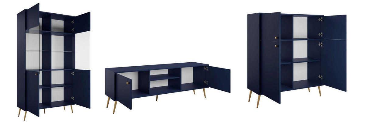 WOHNZIMMER SET 3-TEILIG Rose 366,5 / 40,5 / 191cm - Blau/Goldfarben, Holzwerkstoff/Metall (367/191/41cm) - Feldmann-Wohnen