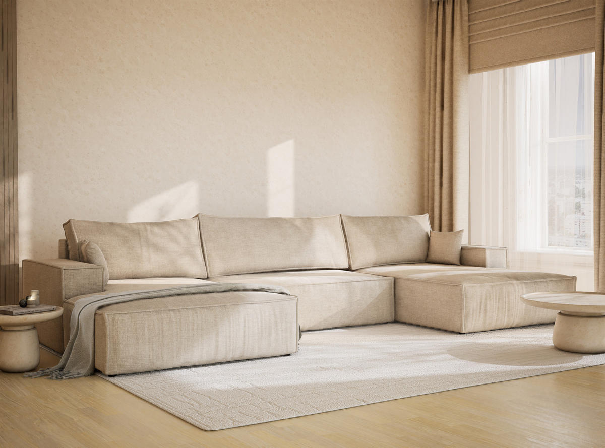 WOHNLANDSCHAFT Kyoto Beige Chenille-Stoff - Beige/Schwarz, Holz/Holzwerkstoff (398/70/148cm) - Maison de Reve