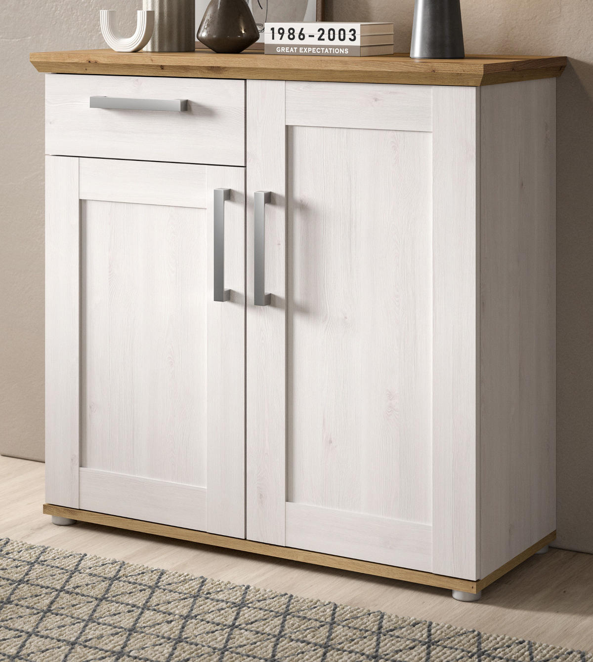 KOMMODE weiß Lärche, Eiche Artisan 95 cm, Sideboard im Landhaus-Stil - Silberfarben/Weiß, Holzwerkstoff/Kunststoff (95/92/39cm) - Inn.Furn