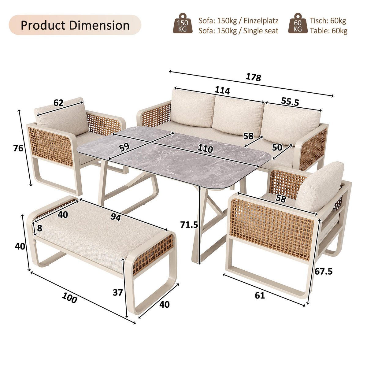 GARTENLOUNGE 178/61/76 cm beige aus PE-Rattan mit Tisch und waschbaren Kissen - Beige, Metall - OKWISH