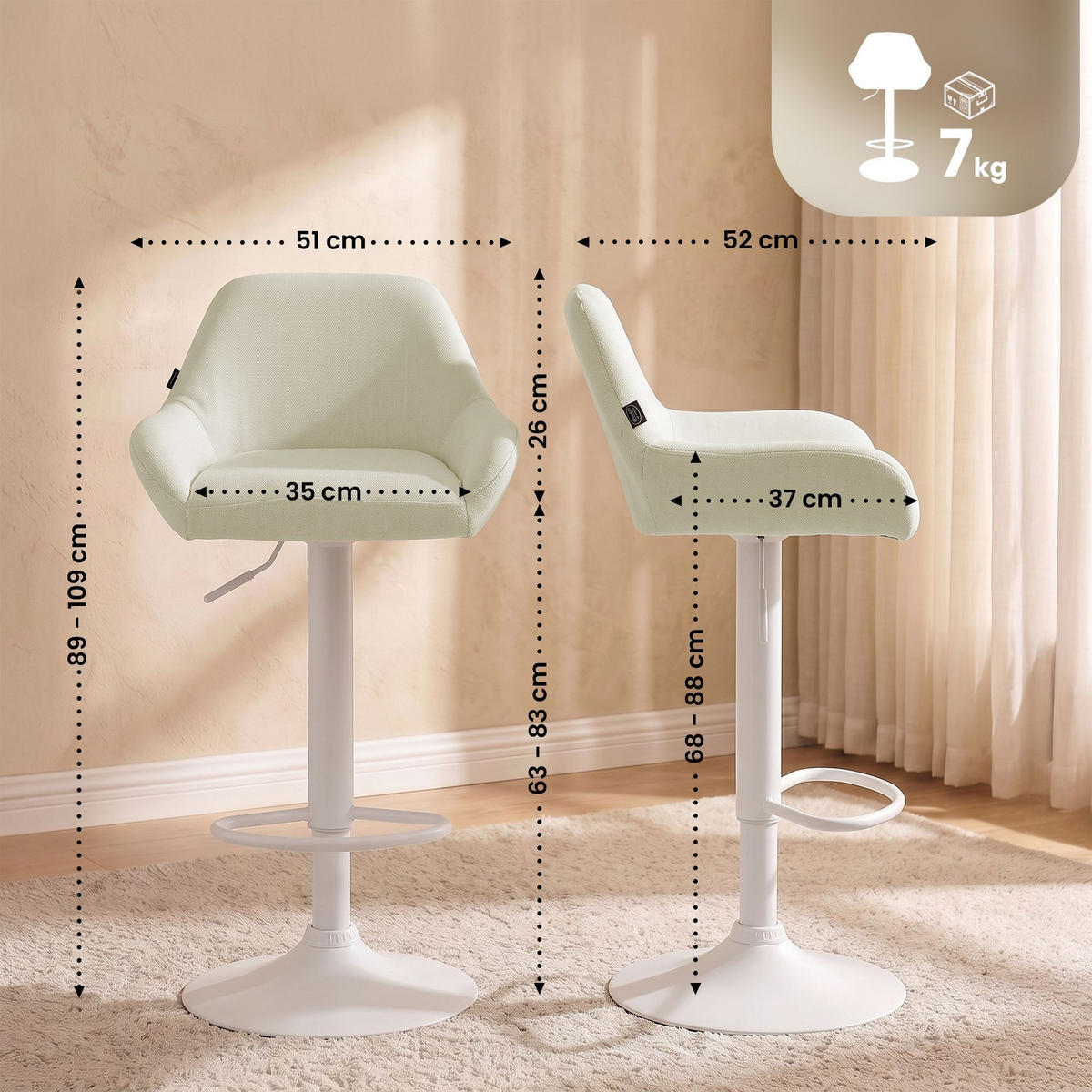 BARHOCKER Braga Stoff 89-109x51x52 cm creme - Creme, Textil (51/89/52cm) - furnicato
