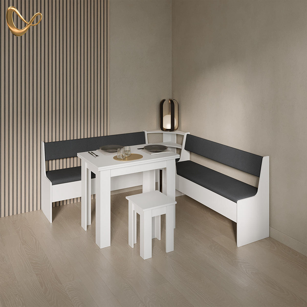 ECKBANKGRUPPE Tiberio Weiß 180 x 180 cm mit Tisch - Weiß, Holzwerkstoff (180/80/180cm) - Livinity®