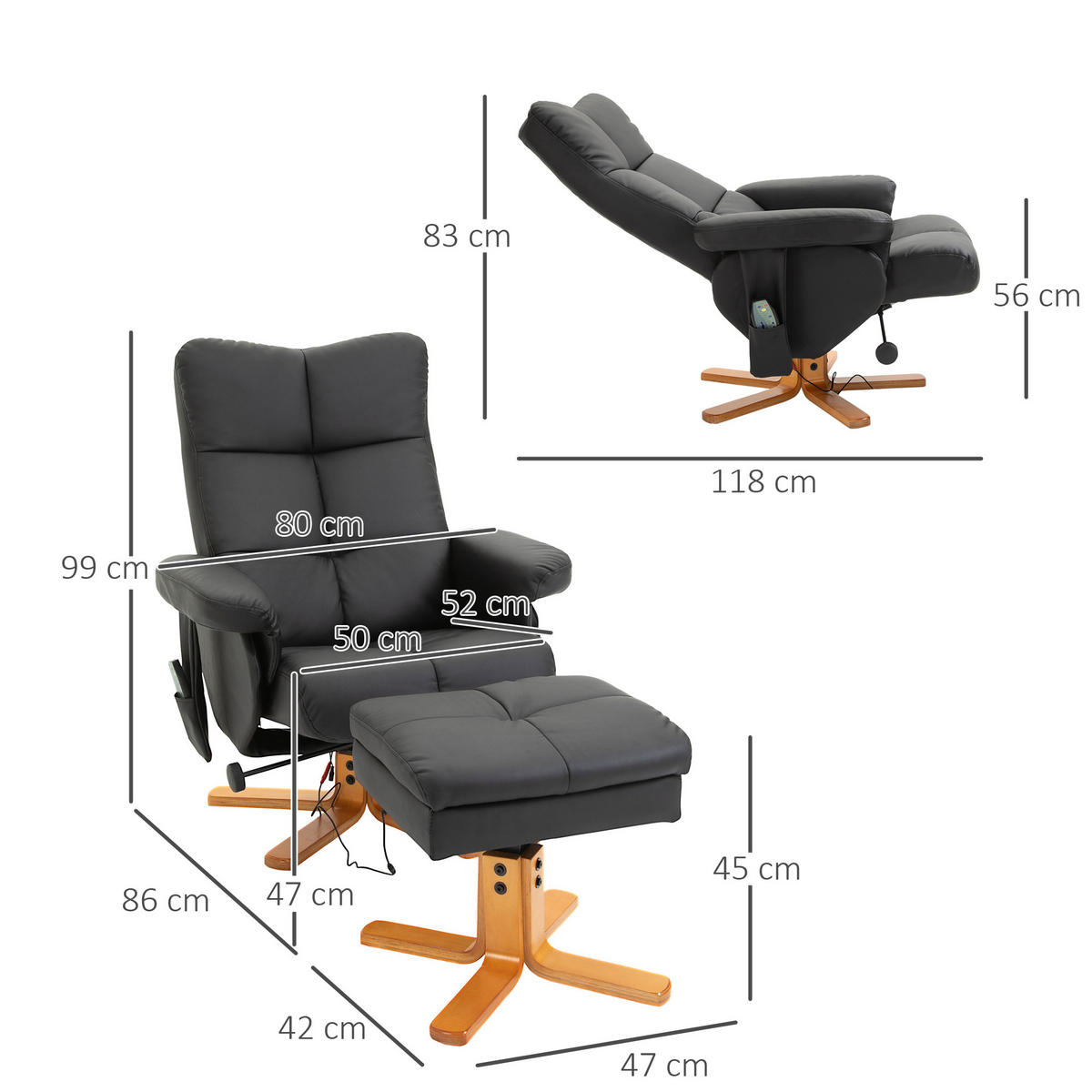 RELAXSESSEL mit Liegefunktion Massagesessel mit Fußhocker Polyester Schwarz - Schwarz, Leder/Holz (86/99/80cm) - HOMCOM