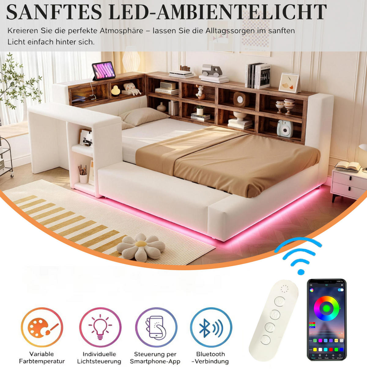 POLSTERBETT 90x200 cm in Beige mit LED-Beleuchtung, Steckdosen und Stauraum - Beige, Textil (90/200cm) - IVMEU