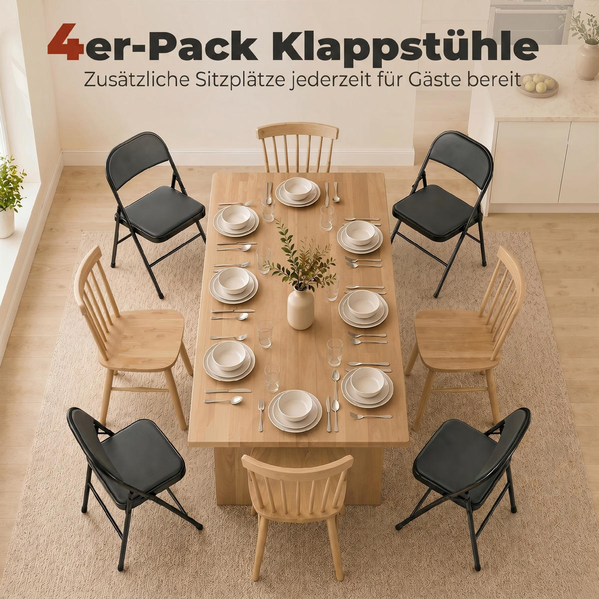 4ER-SET Klappstühle Tragbare Bürostuhl mit Kissen Stahlbeine Kunstleder, Schwarz - Schwarz, Metall (46/78/45cm) - HOMCOM
