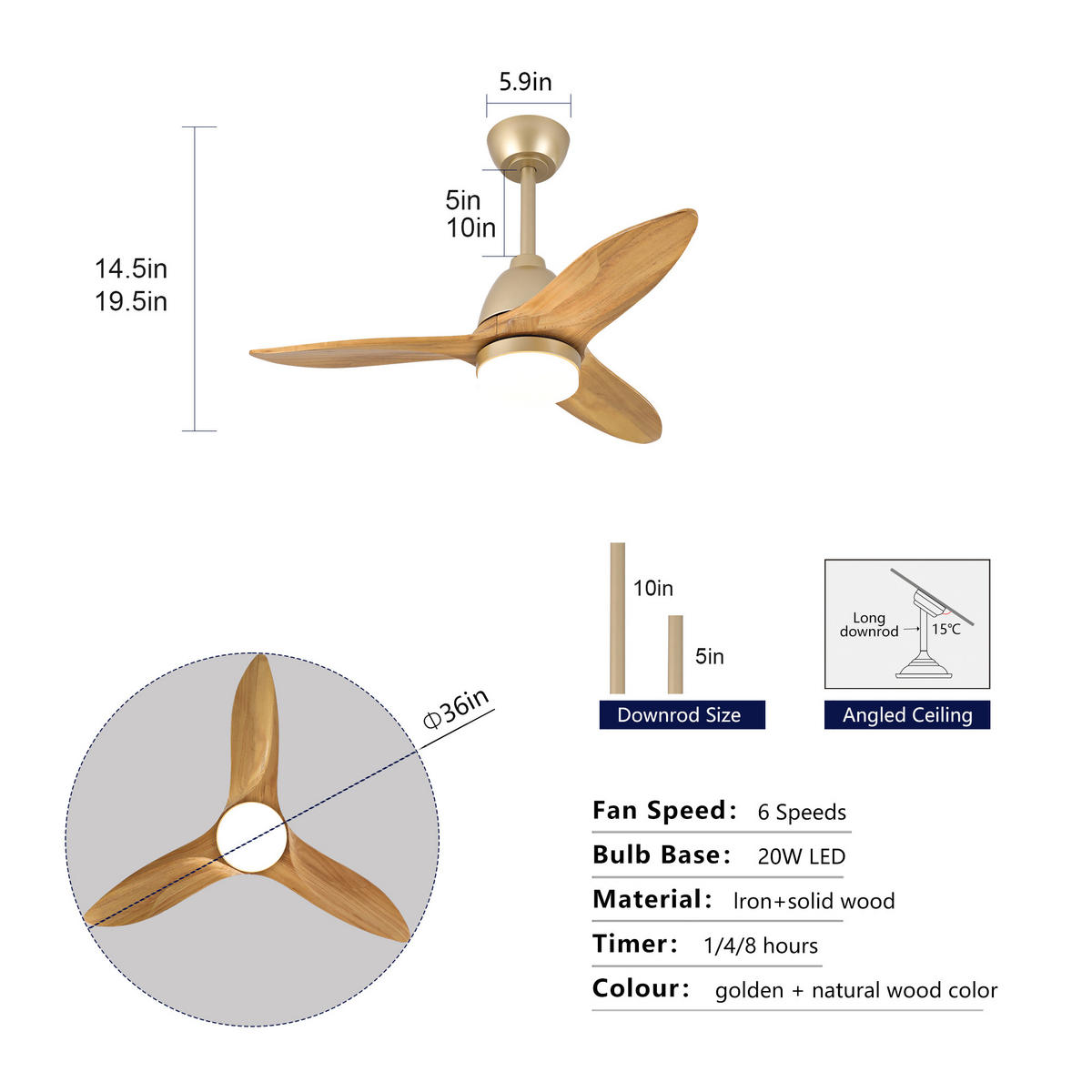 DECKENVENTILATOR DE-16249 36 Zoll mit Steuergriff & LED Naturholz - Naturfarben, Holz (92/92/45cm) - ComfortXL