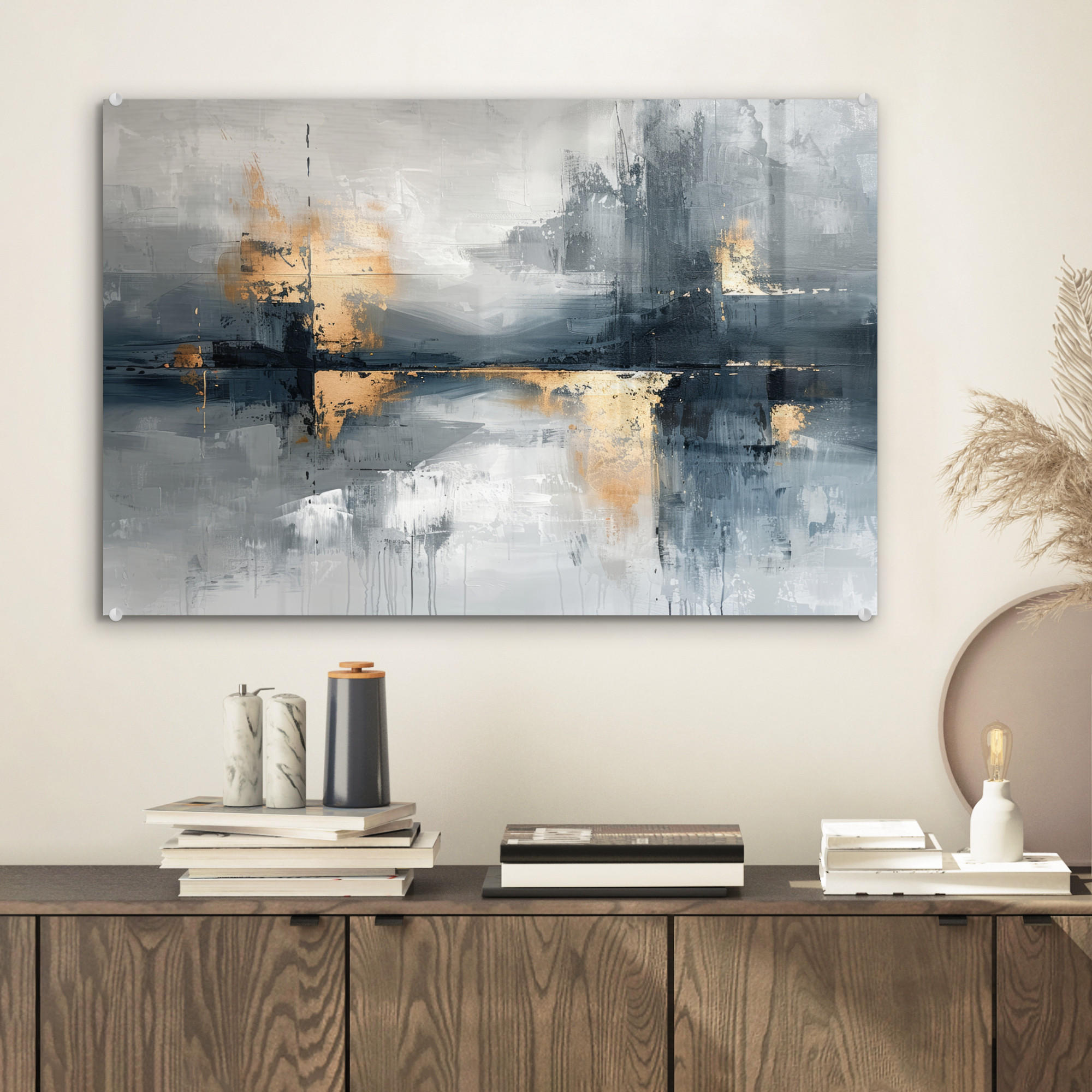ACRYLGLASBILD Kunst - Grau - Gold - Abstrakt 60x40 cm - Dunkelgrau, Glas (60/40cm) - MuchoWow