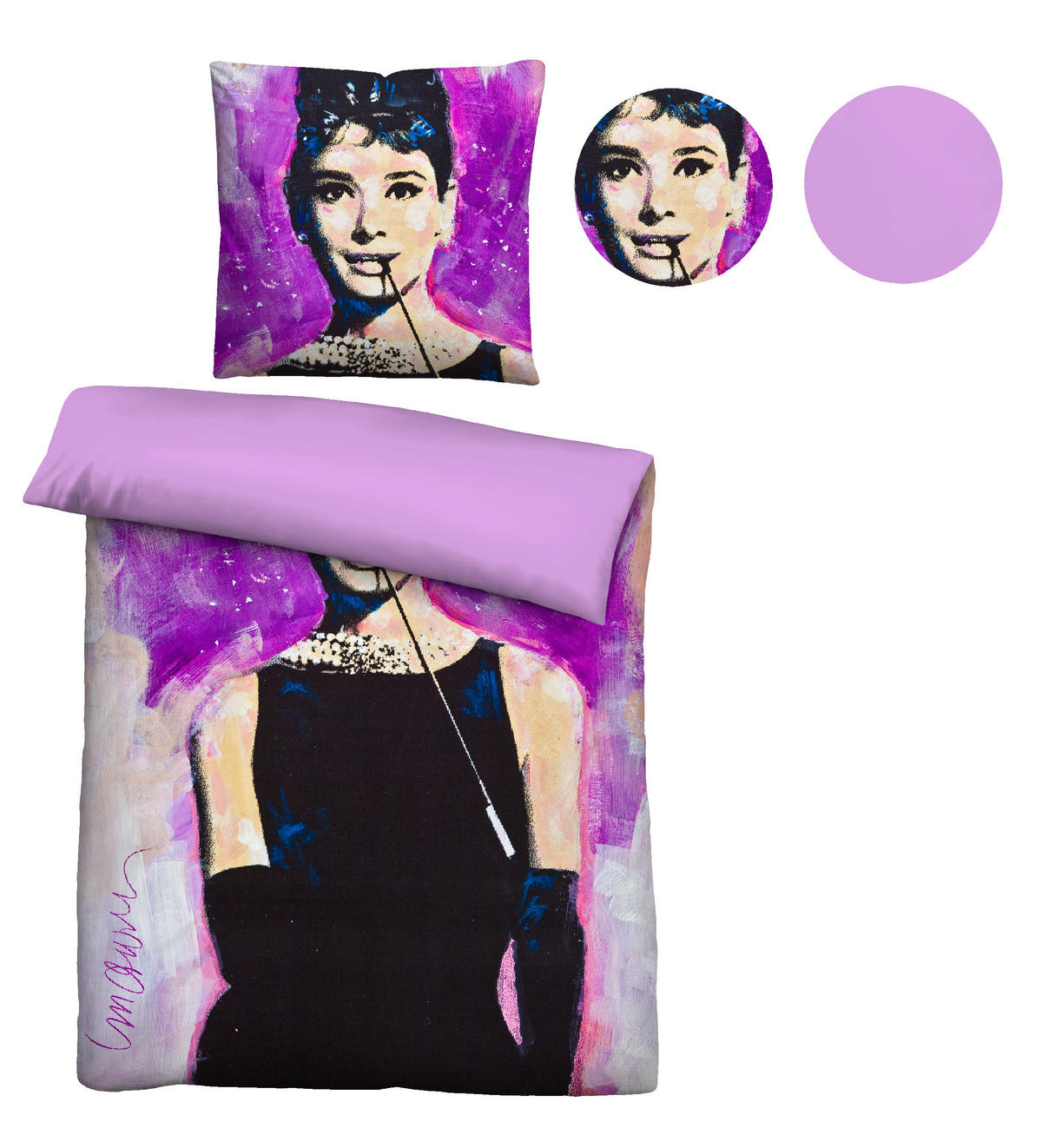 BETTWÄSCHE-GARNITUR Mikrofaser Audrey Hepburn viola, 135x200 cm + 80x80 cm - Violett, Textil (135/200cm) - SID Maurer