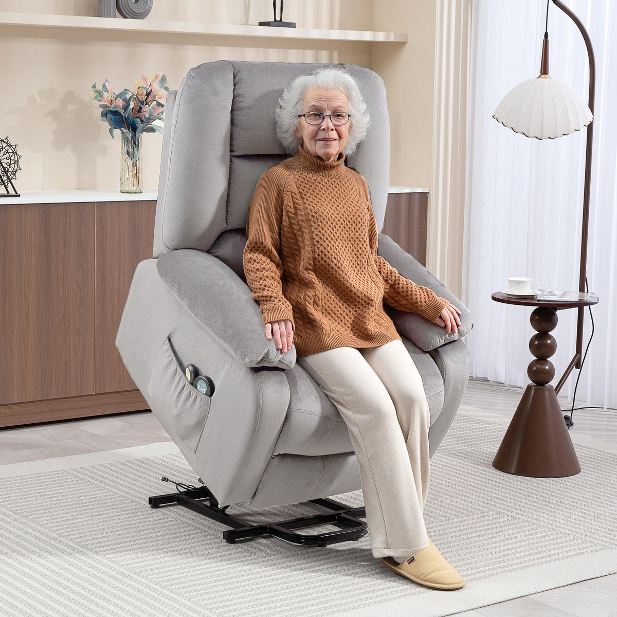 ELEKTRISCHER-AUFSTEHSESSEL Polyester Schaumstoff Hellgrau - Hellgrau/Schwarz, Textil/Metall (90/110/93cm) - HOMCOM