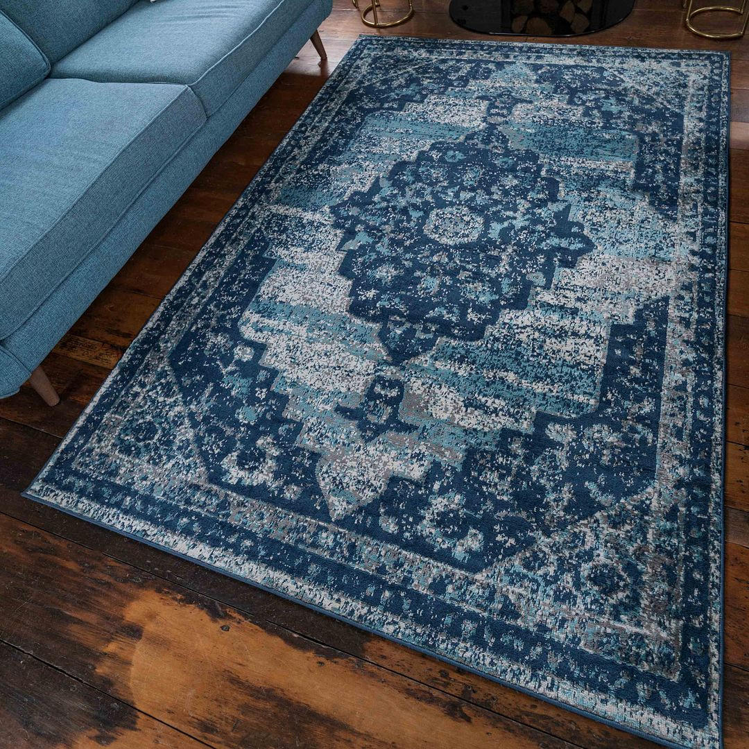 VINTAGE-TEPPICH Demelza Marineblau - Dunkelblau, Textil (80/150cm) - Kukoon Rugs