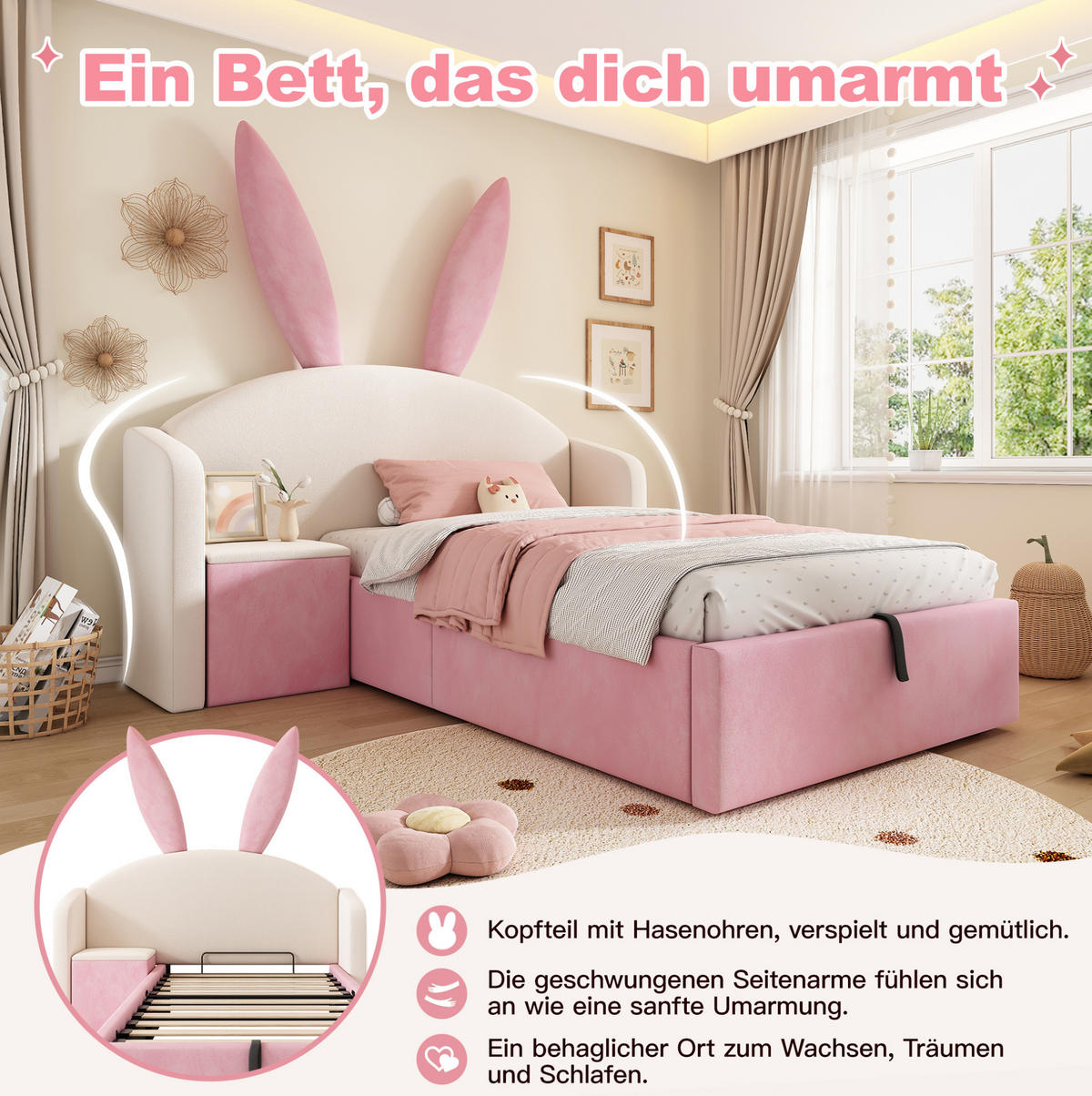 KINDER-POLSTERBETT 90x190 cm in Beige-Rosa mit Hasenohren, Stauraum und Nachttisch - Beige, Textil (90/190cm) - IVMEU