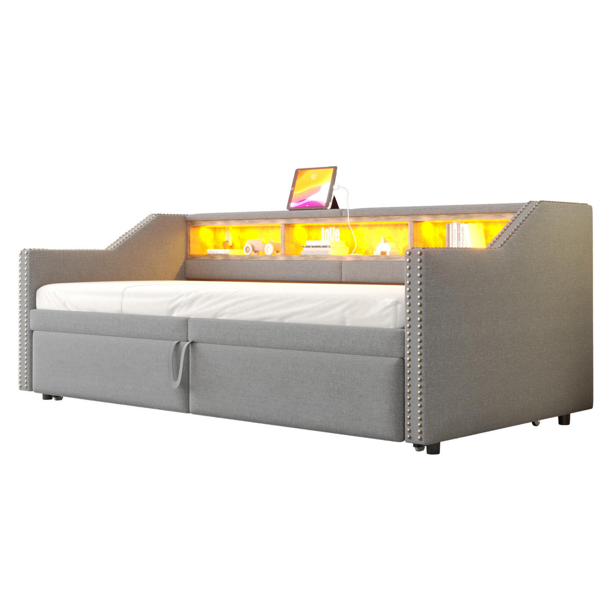 POLSTERBETT 90/180 x 200 cm Hellgrau mit LED-Beleuchtung und USB-Anschlüssen - Hellgrau, Textil (90/200cm) - Flora Grace