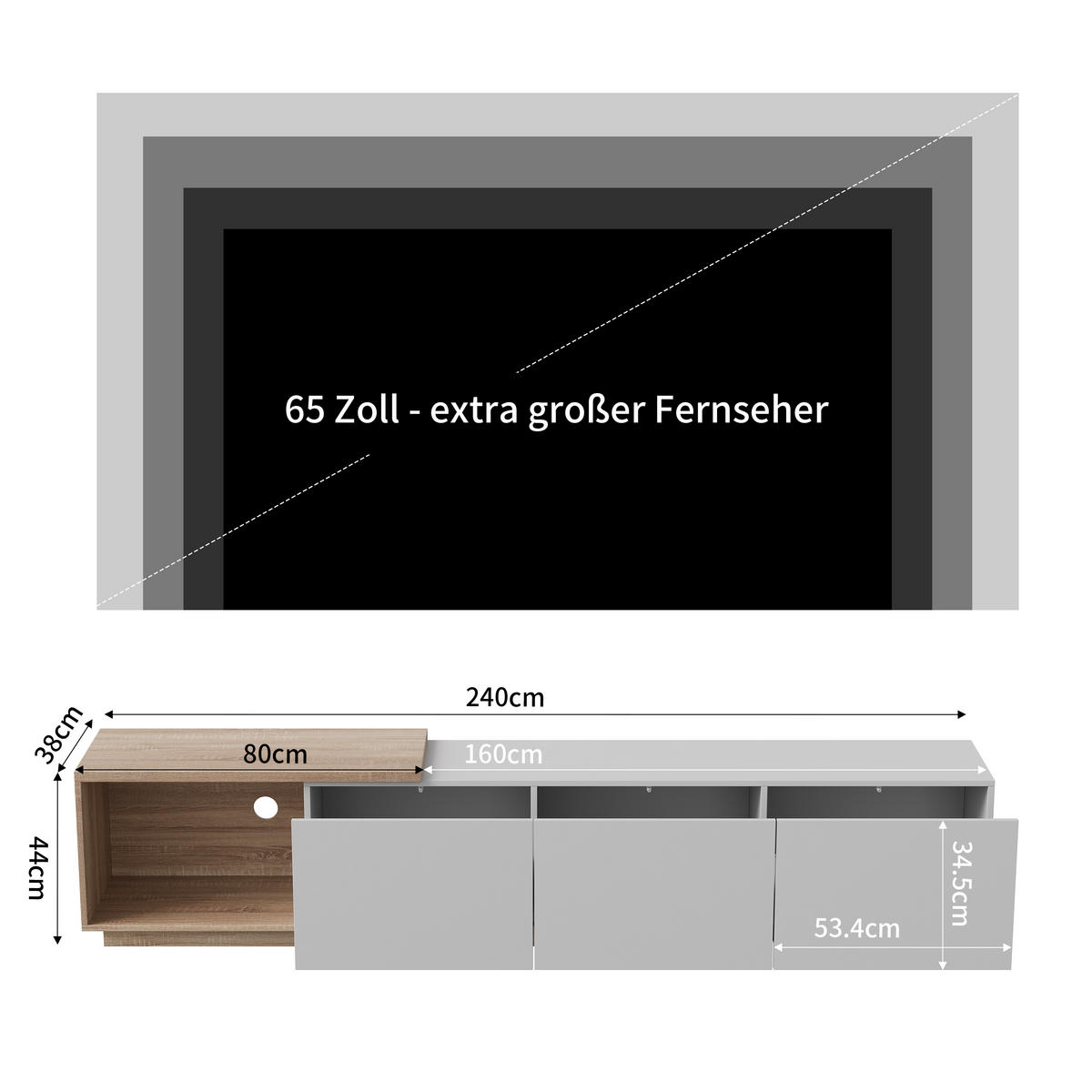 TV LOWBOARD 240x38x44 cm LED Fernsehschrank weiß - Weiß, Holz (240/44/38cm) - LEBENLANG