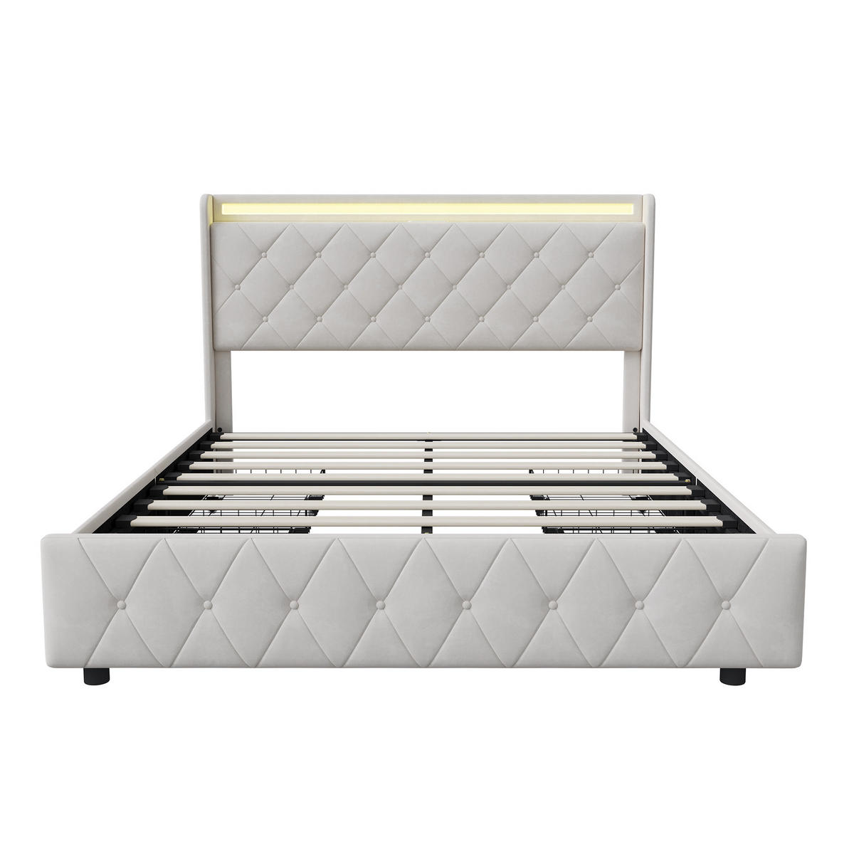 POLSTERBETT, LED-Beleuchtung Doppelbett 140x200cm mit Ladefunktion und 4 Schubladen, Samt, beige - Beige, Holz/Holzwerkstoff (140/200cm) - GENKI LIVING