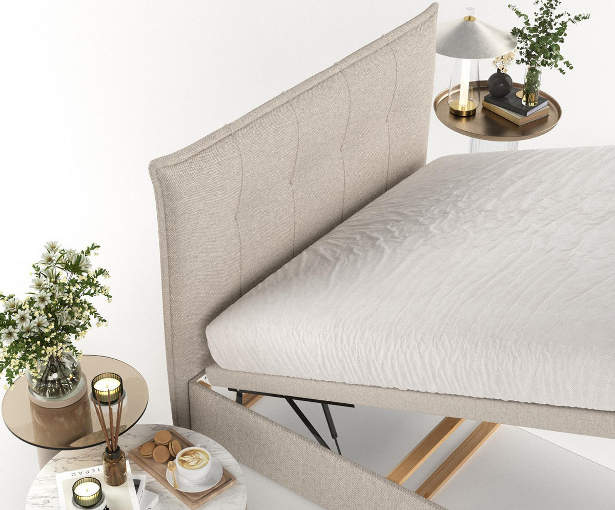 POLSTERBETT Liano mit Stauraum 200/200 cm Hellbeige im Megan Stoff - Sandfarben/Schwarz, Holz/Holzwerkstoff (200/200cm) - AltaBeds