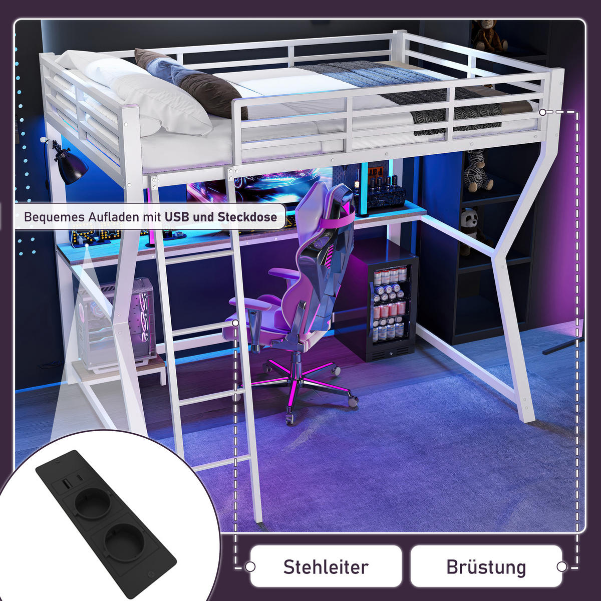HOCHBETT 90x200cm Weiß LED-Licht Computerablage Schreibtisch USB - Weiß, Metall (90/200cm) - FLIEKS
