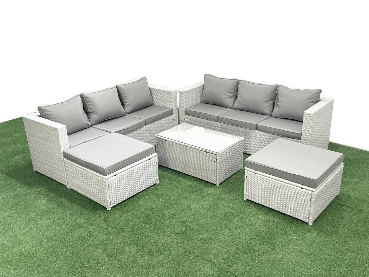 GARTENGARNITUR mit 3-SITZER SOFA,COUCHTISCH Polyrattan Hellgrau-Mix 8-Sitzer - Hellgrau/Grau, Glas/Kunststoff - Fimous