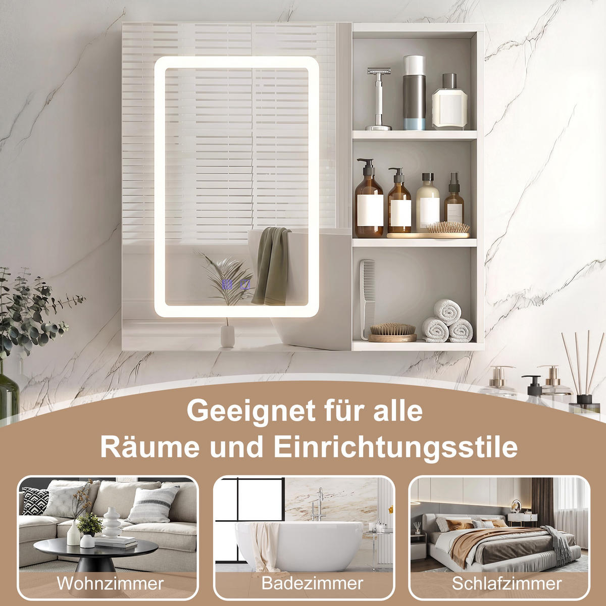 SPIEGELSCHRANK, Wandbadschrank mit LED-Spiegel, 3 Lichtfarben, beschlagfrei-Funktion, 1 Tür und verstellbaren Einlegeböden, 60 x 60 x 36 cm - Weiß, Glas (60.2/60.2/15.2cm) - Waldena