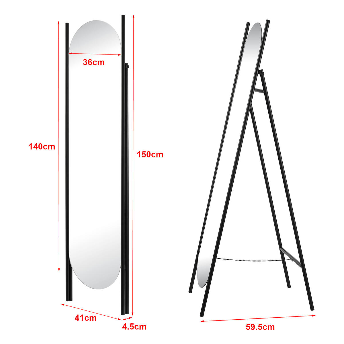 STANDSPIEGEL Fardella - Schwarz, Glas/Metall (36/150/140cm) - [en.casa]