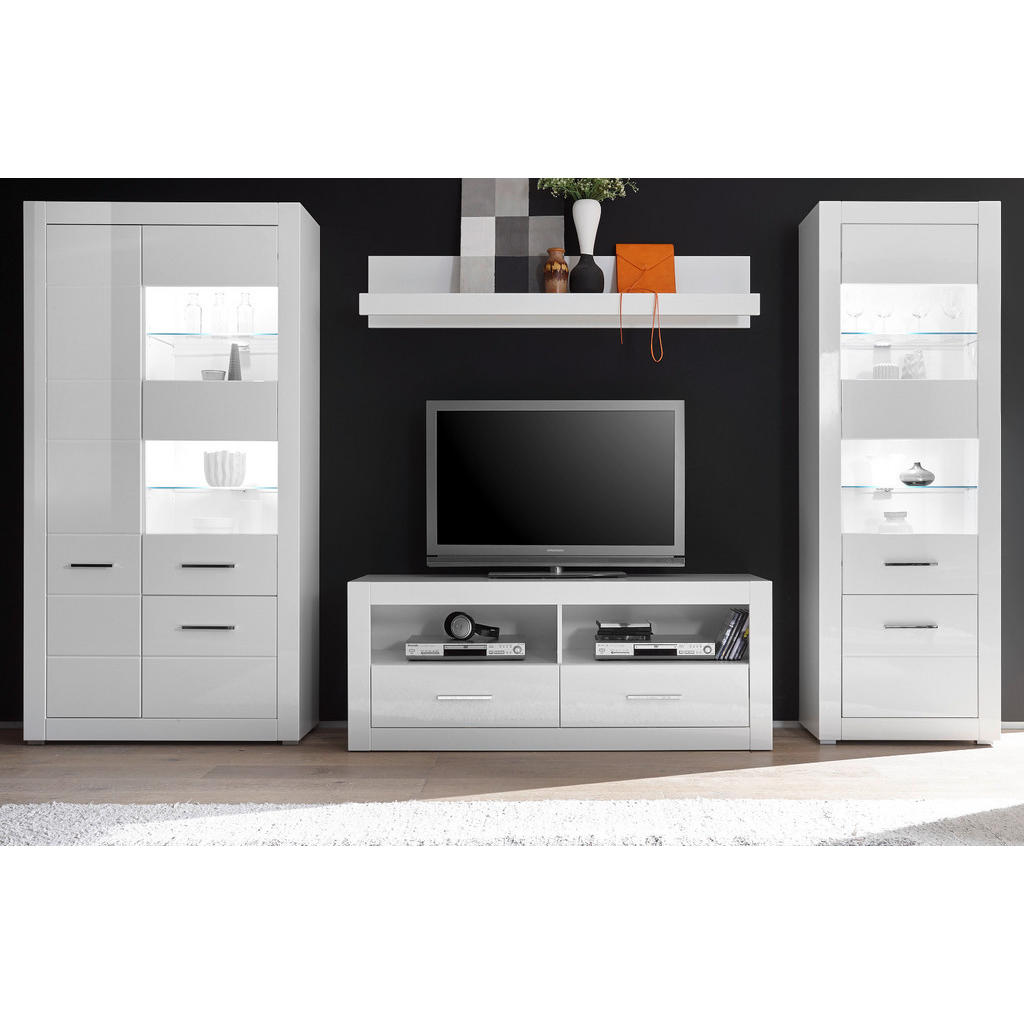 Thumbnail - Furn.Design Wohnwand, Weiß Hochglanz, Metall, Nachbildung, Uni, 8 Fächer, 2 Schubladen, 335x198x45 cm, Wohnzimmer, Wohnw...