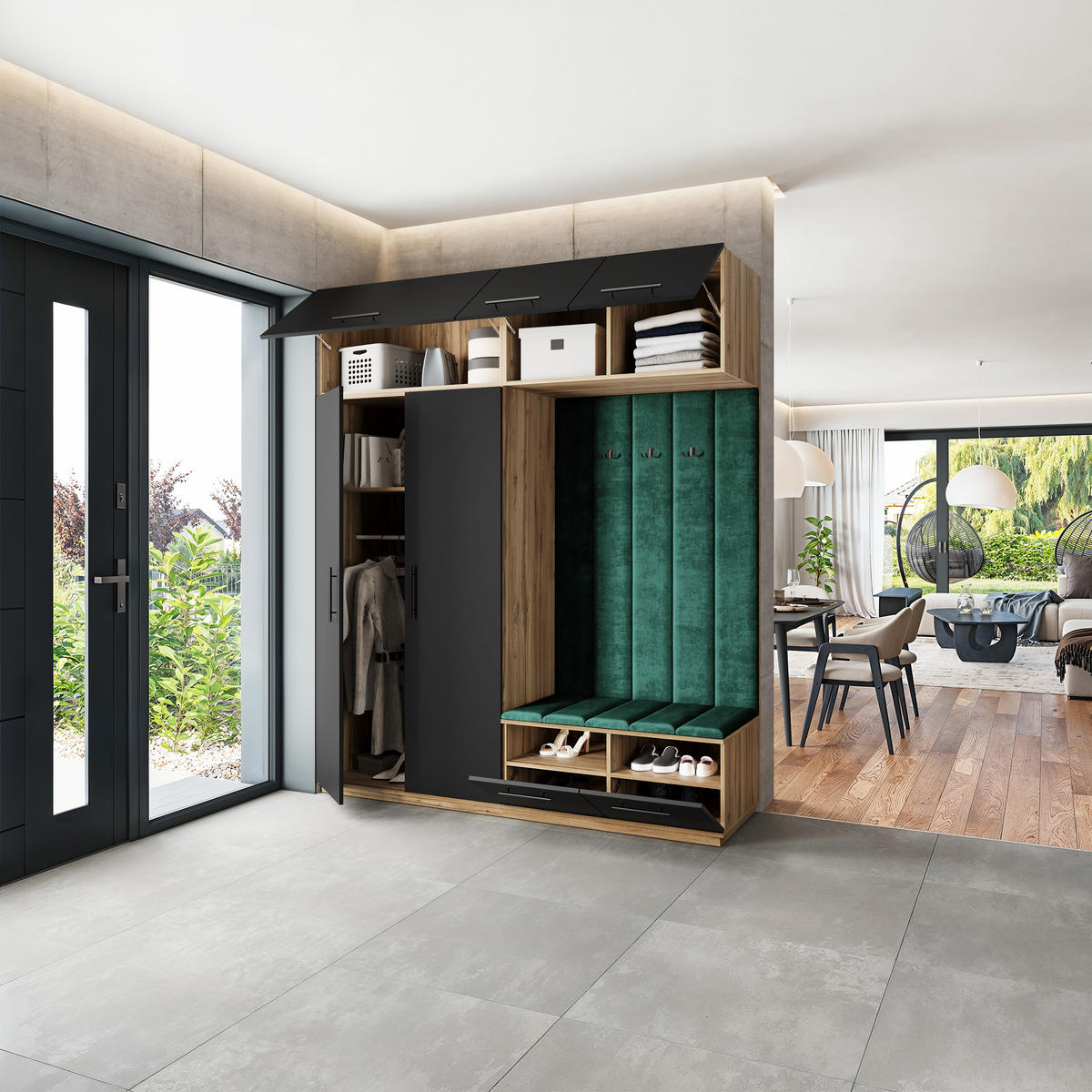 GARDEROBENSCHRANK REMA 200/240/60 cm Modern Garderobe-Set Eiche Wotan - Eiche Wotan/Schwarz, Holzwerkstoff (200/240/60cm) - MASSENO