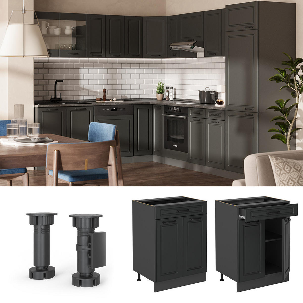 KÜCHENUNTERSCHRANK R-Line Anthrazit Landhaus 60 cm AP Marmor - Anthrazit, Holzwerkstoff (60/81.6/60cm) - Vicco