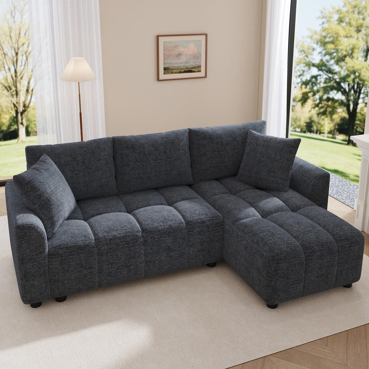 ECKSOFA 204/127/82.5 cm Grau Chenille mit 2 Zierkissen - Grau, Holz/Textil (204/127cm) - Oxeza