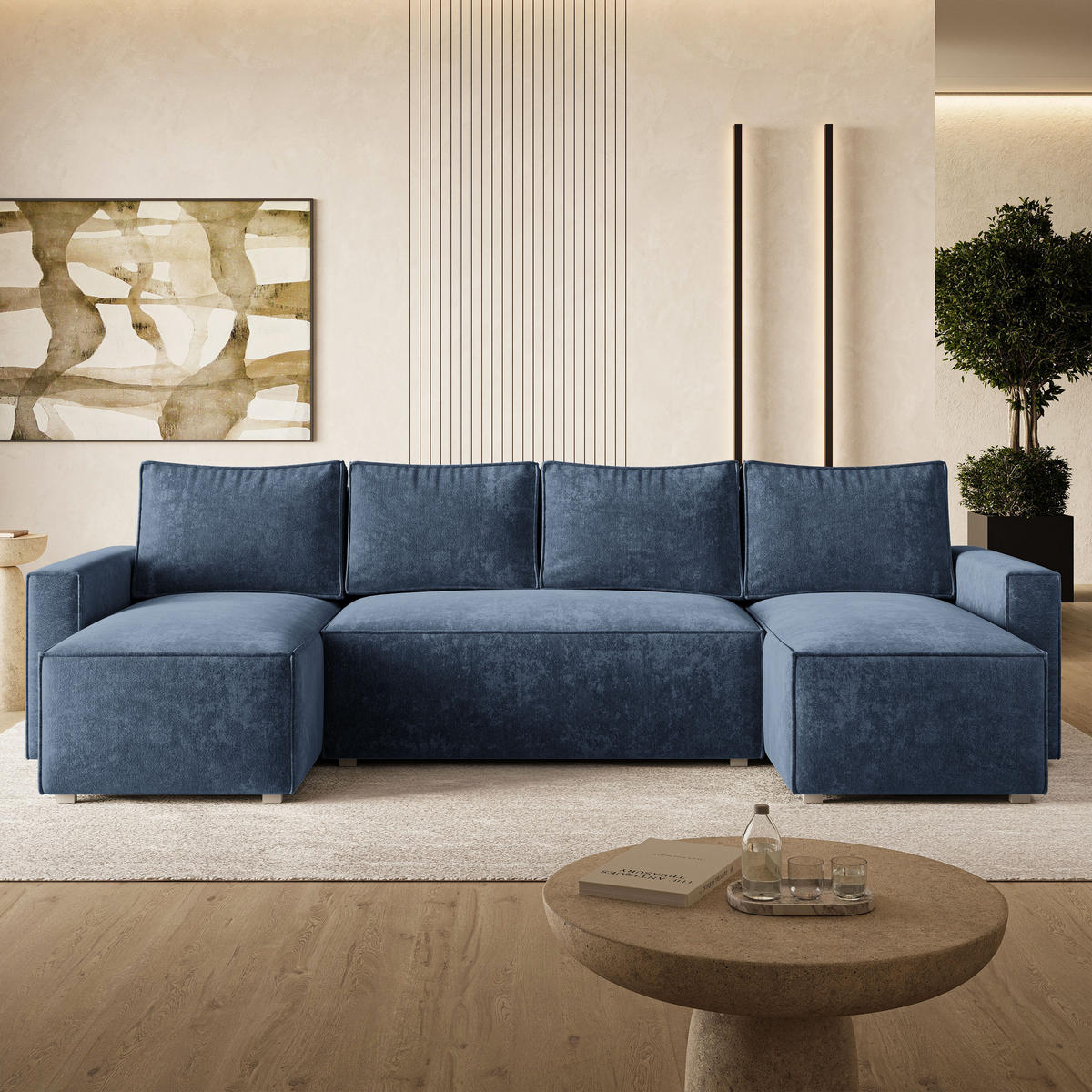 WOHNLANDSCHAFT ASPRA LM Blau Chenille mit Schlaffunktion - Blau, Holz (295/85/140cm) - MASSENO