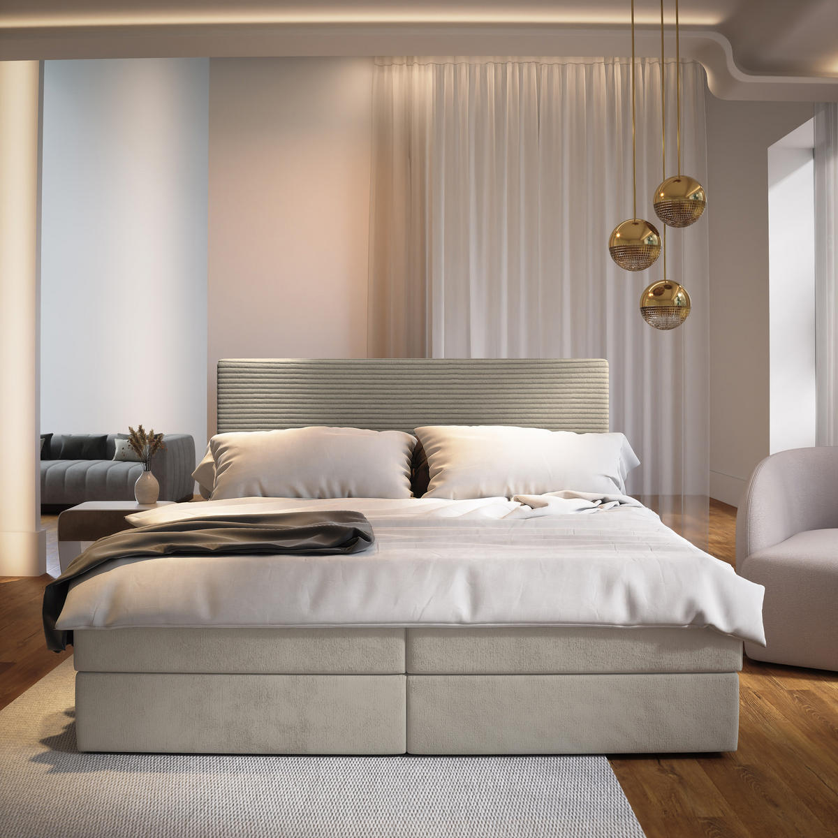 BOXBETT GIARRO 140x200 cm mit Matratze und Topper - Beige - Beige, Holz (140/200cm) - MASSENO