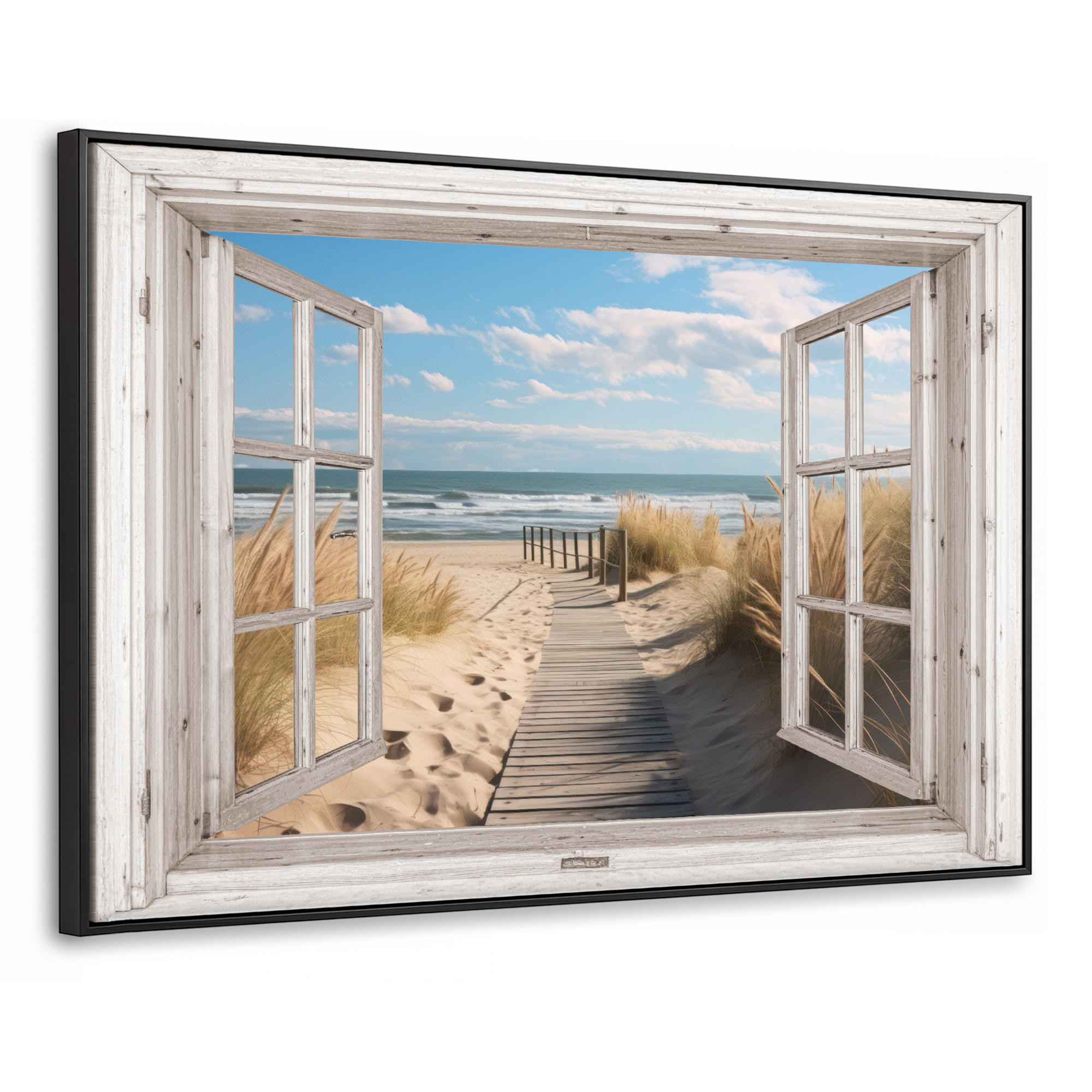 LEINWAND Bilder mit Rahmen - Fenster - Meer - Küste - Natur - Ausblick - Strand - Wattenmeer - 140x90 - Beige, Textil (140/90cm) - MuchoWow