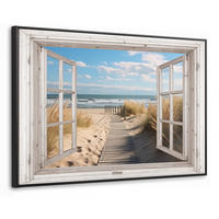 LEINWAND Bilder mit Rahmen - Fenster - Meer - Küste - Natur - Ausblick - Strand - Wattenmeer - 150x100 - Beige, Textil (150/100cm) - MuchoWow
