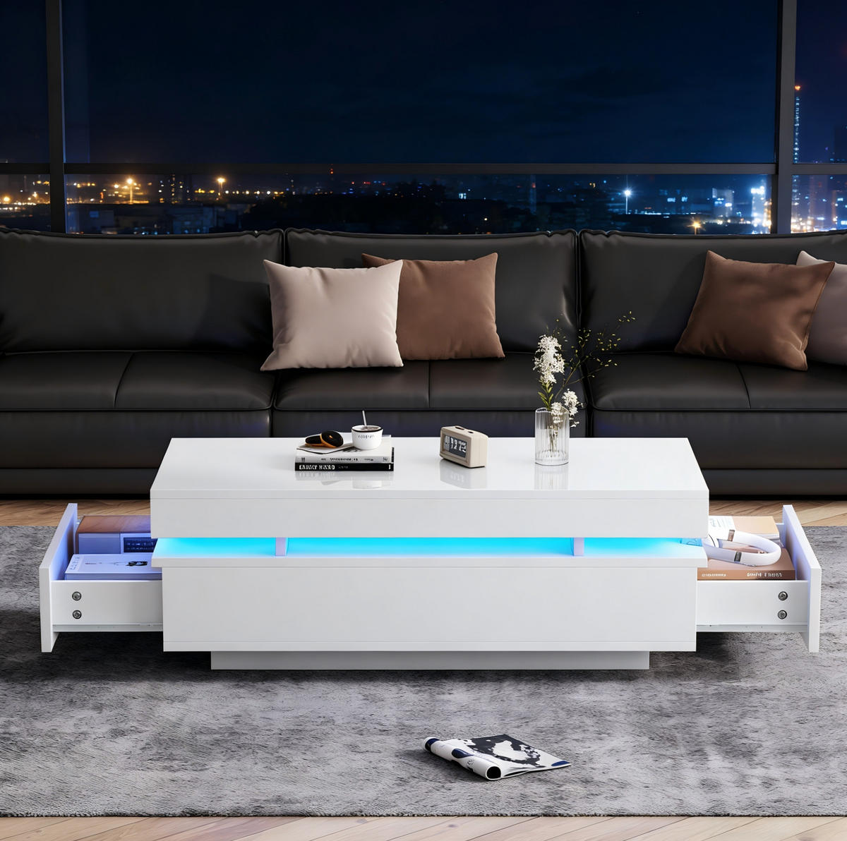COUCHTISCH in Weiß Couchtisch mit 2 Schubladen, LED Hochglanz, Sofatisch für Wohnzimmer, B100/T50/H35cm - Weiß, Holzwerkstoff/Metall (50/100/35cm) - STILVORA