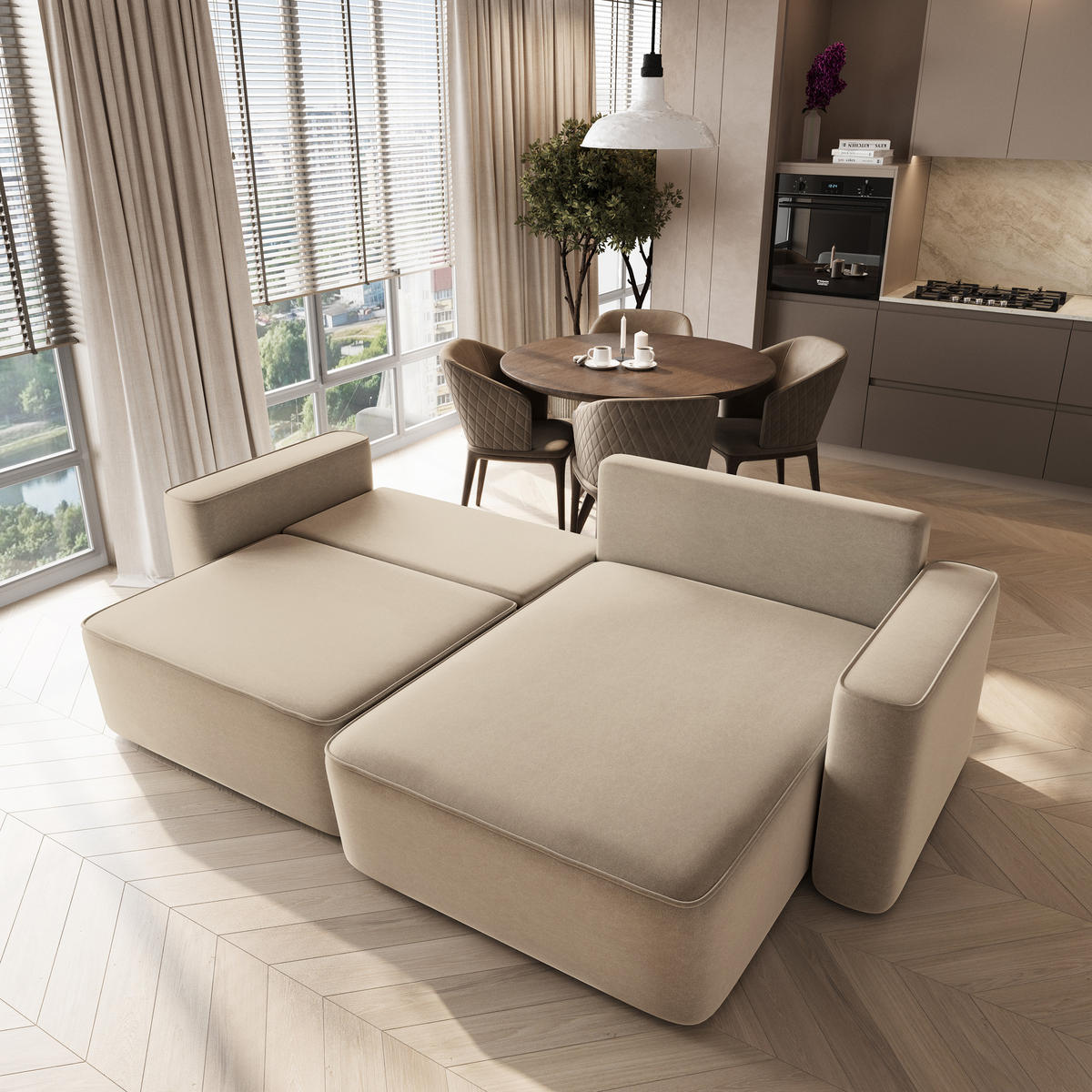 ECKSOFA BELISE CL Beige Veloursstoff mit Schlaffunktion - Beige, Holz/Textil (252/162cm) - MASSENO