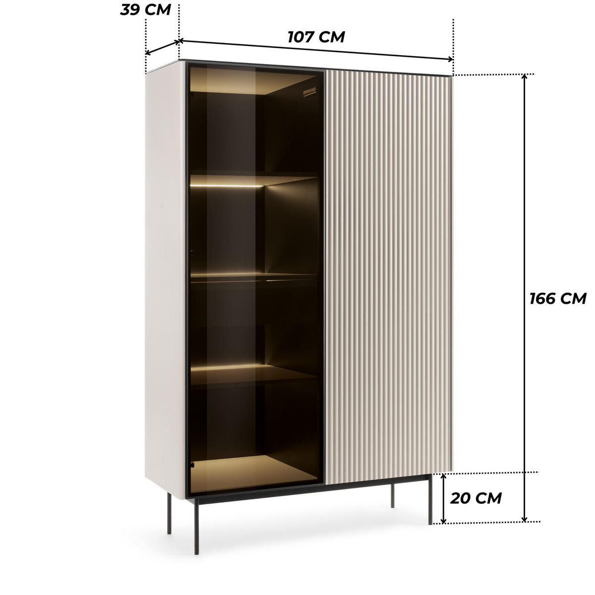 VITRINE DIJON WTSZ107 107 cm (Kaschmir, Glasplatte, Antisol-Glas, Innenschublade, LED) - Kaschmir/Schwarz, Glas/Holz (107/167/39cm) - Ravio