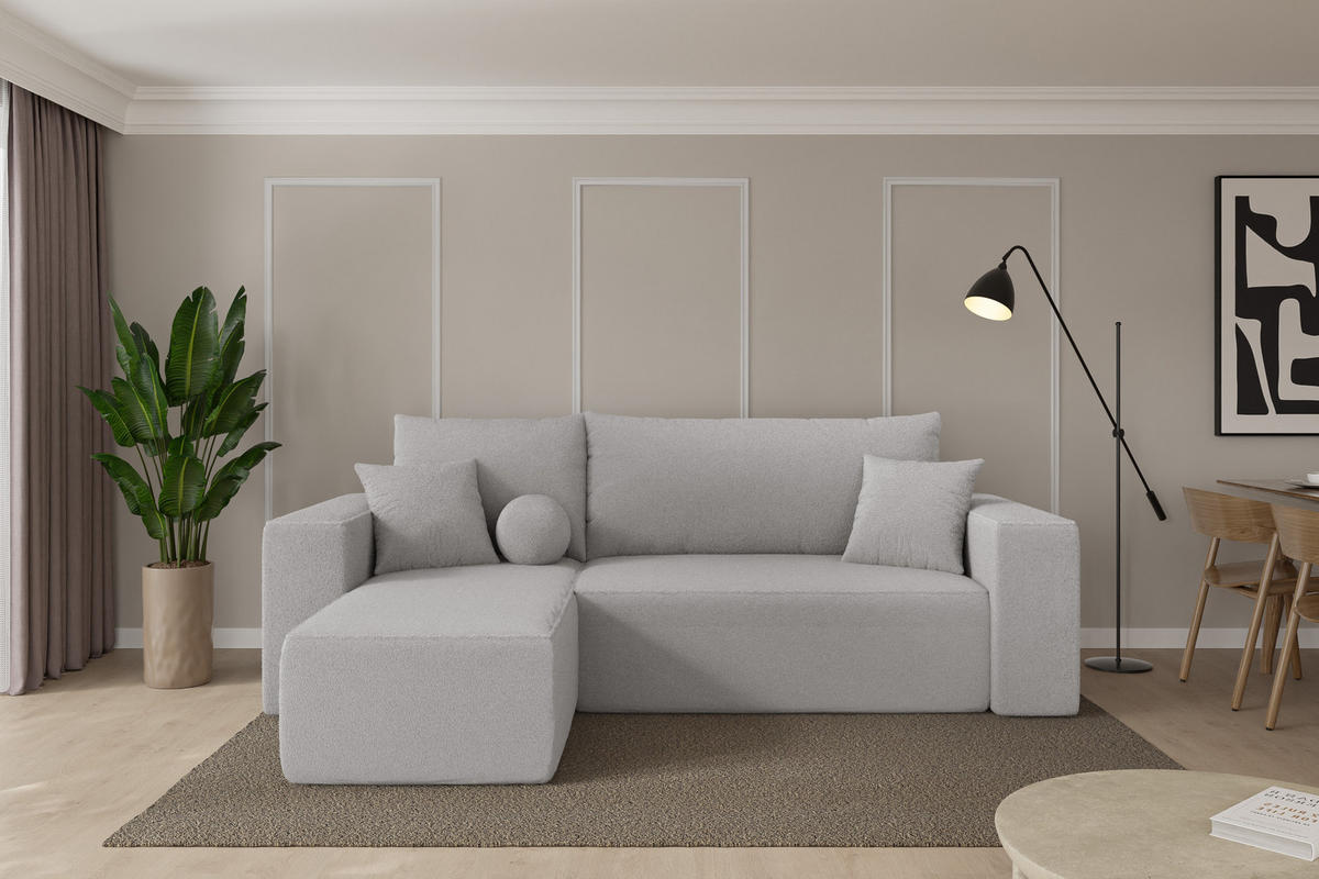 ROHOVÁ SEDAČKA s funkcí spaní, otoman vlevo SENO-L 249x139x85 světle šedá bouclé - černá/stříbrná, kompozitní dřevo/textil (249/139cm) - ALTDECOR