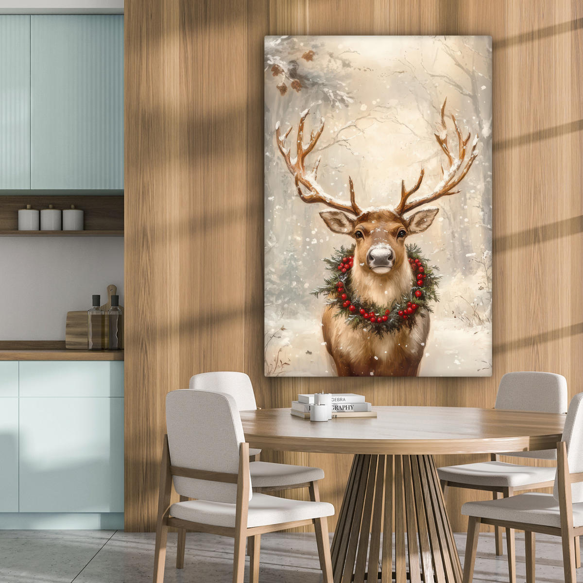 LEINWANDBILD Weihnachten - Rentier - Winter - Kranz 80x120 cm - Naturfarben, Textil (80/120cm) - MuchoWow