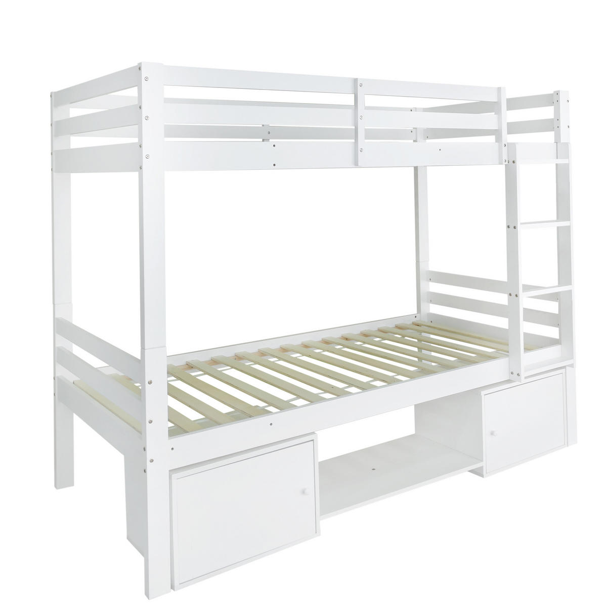 ETAGENBETT aus Massivholz und MDF 90x200 cm in Weiß mit Regalen & Schließfächern - Weiß, Holzwerkstoff (90/200cm) - Modfu