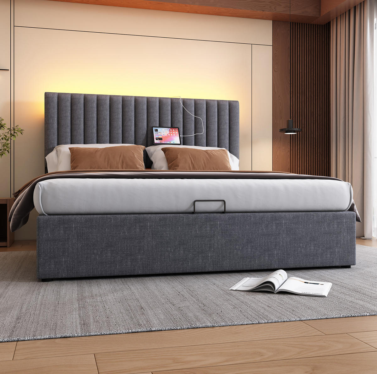 POLSTERBETT 160/200 cm grau mit Stauraum und LED-App-Steuerung mit Matratze - Grau, Textil (160/200cm) - OKWISH