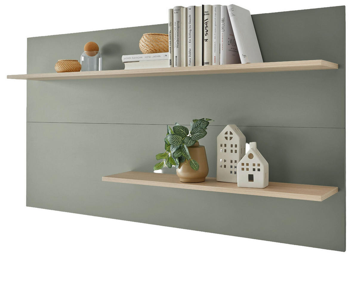 WANDPANEEL Salbei grün, Barista Eiche 155 x 80 cm, Wandregal mit 2 Ablagebödem - Salbeigrün/Eichefarben, Holzwerkstoff/Metall (155/80/20cm) - Furn.Design