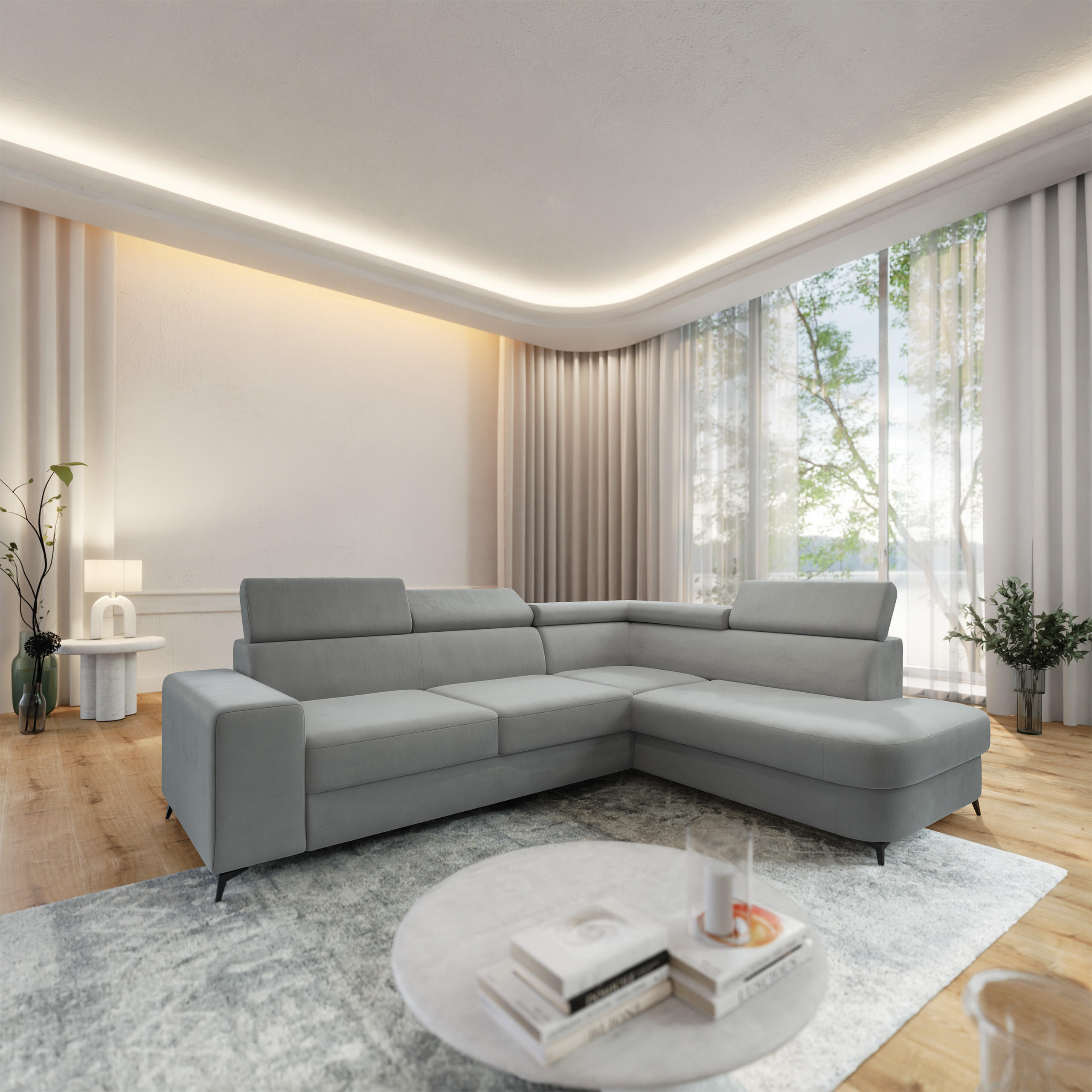 ECKSOFA ALVORO R-S Hellgrau Velours-Stoff mit Schlaffunktion - Hellgrau, Holz (253/190cm) - MASSENO