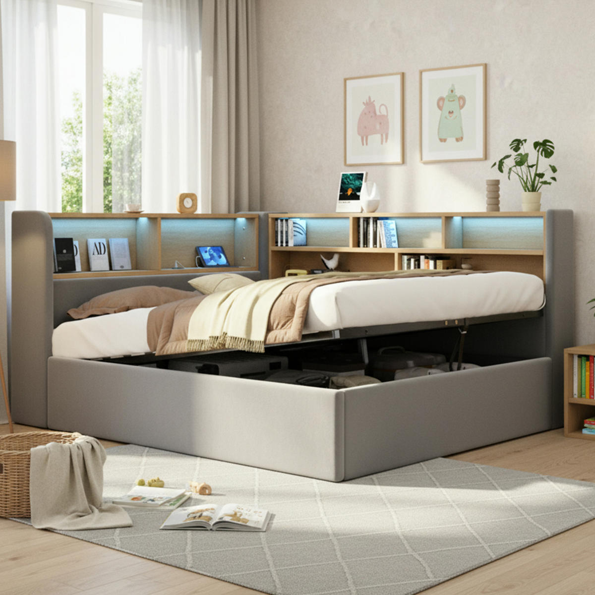 POLSTERBETT 140x200 cm in Grau mit hydraulischem Bettkasten, LED und USB-Anschlüssen - Grau, Textil (140/200cm) - IVMEU