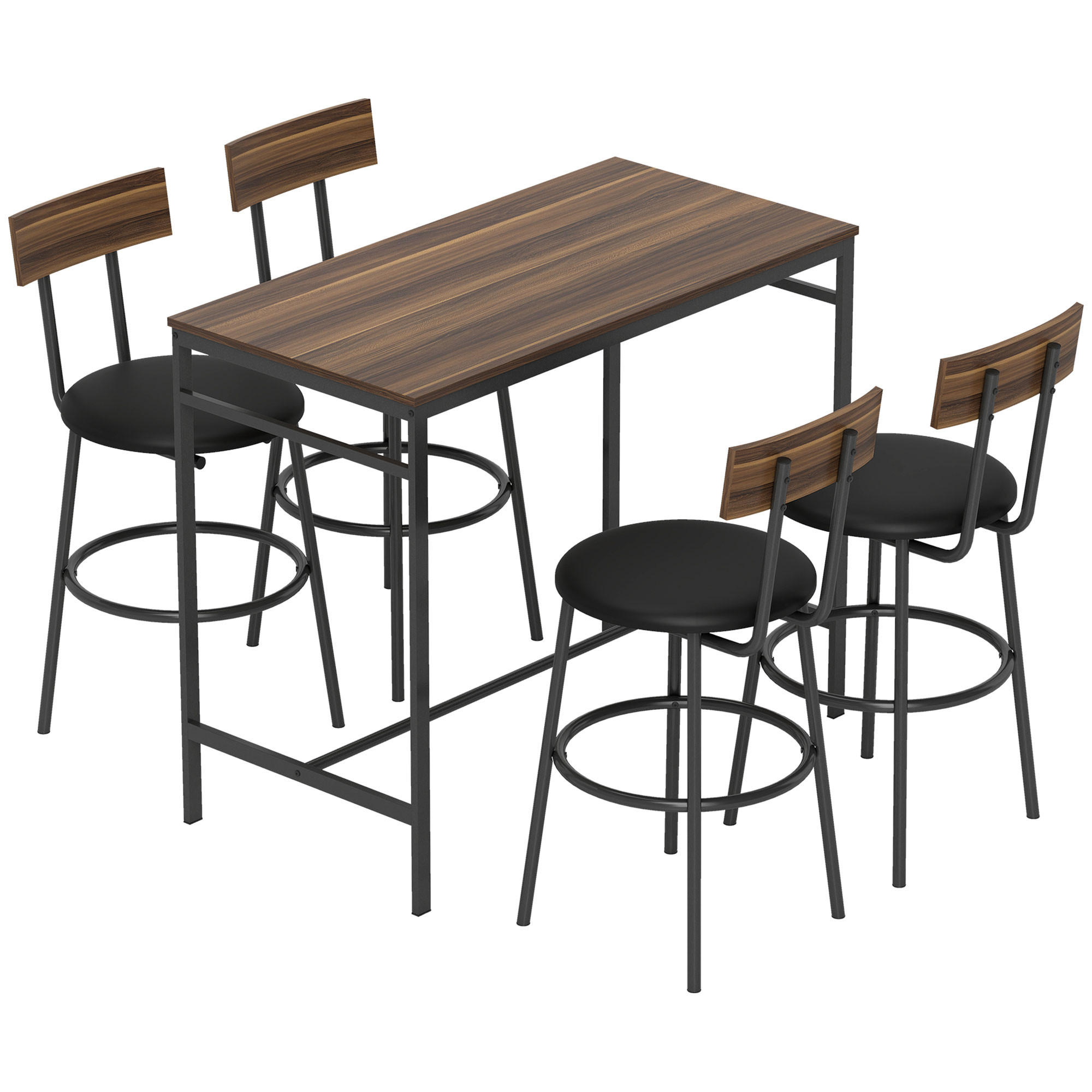 BARTISCH mit Barhocker-Set Esstisch mit 4 Stühlen mit Fußstütze Rückenlehne - Braun, Metall (55/90/110cm) - HOMCOM