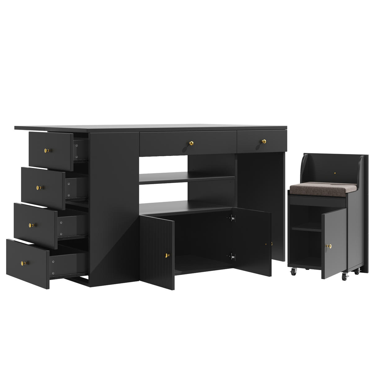 KÜCHENINSEL 140/40(70)/89 cm schwarz mit Hocker und Stauraum - Schwarz, Holzwerkstoff (140/89/70cm) - OKWISH